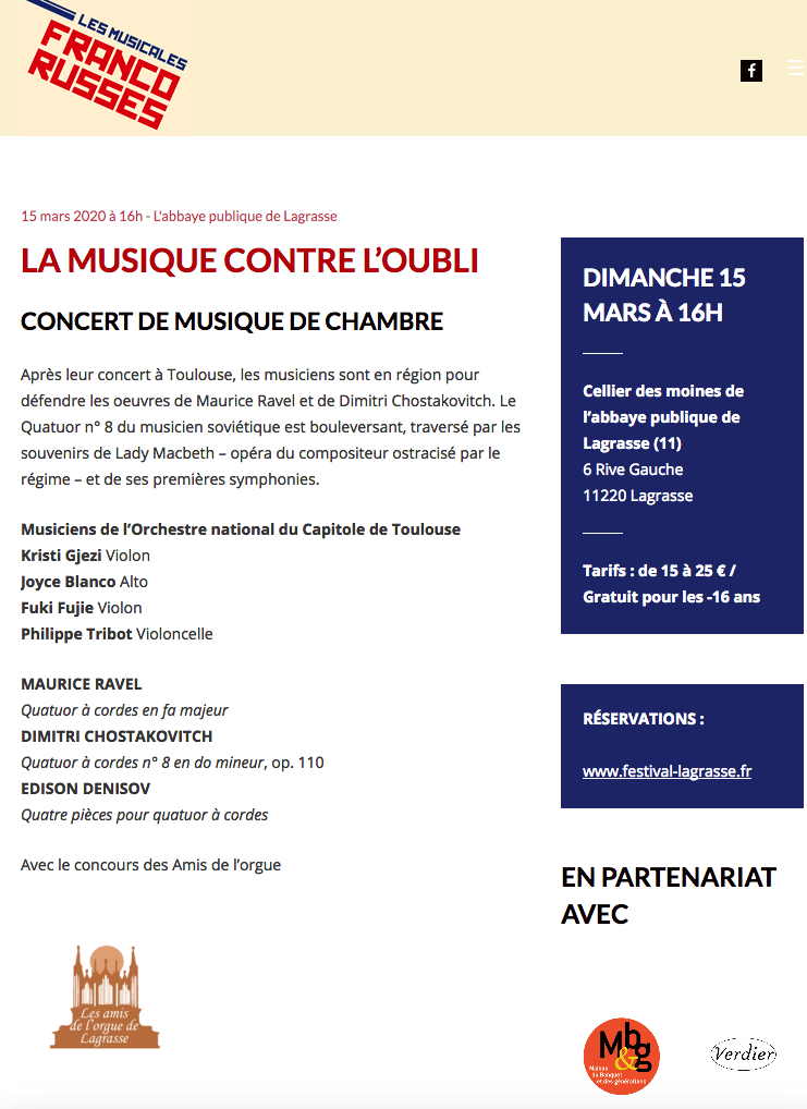 Page Internet. Lagrasse. La Musique contre l|oubli. 2020-03-15